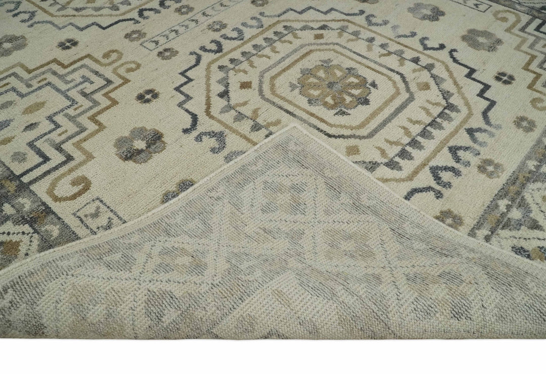 Hand Knotted Ivory, Gray and Beige Traditional Medallion Natural Wool Area Rug, Kids, Living Room and Bedroom Rug | MEHK7 - The Rug Decor