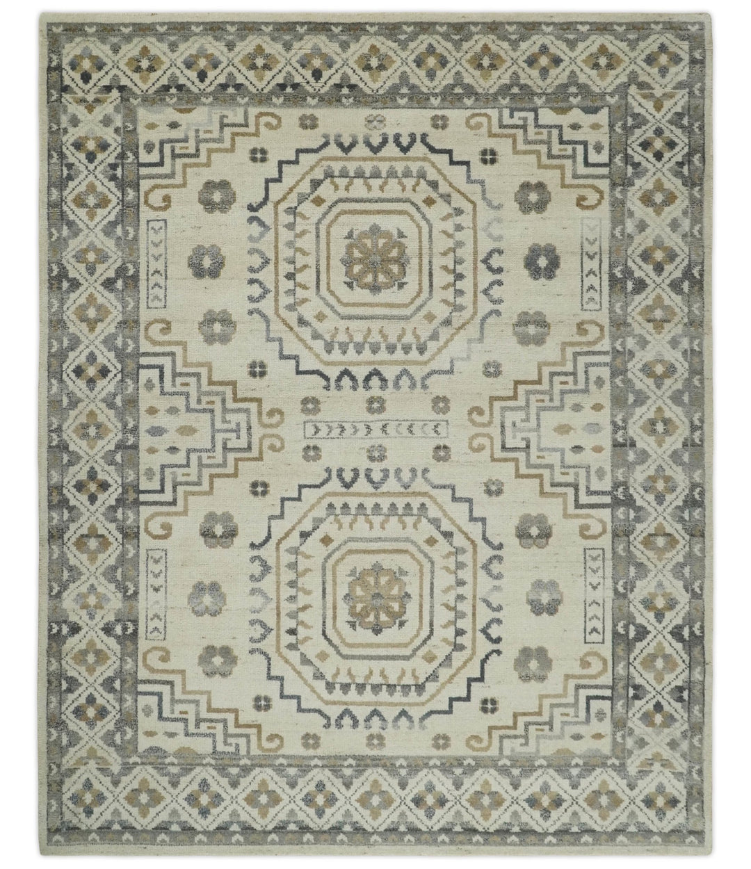 Hand Knotted Ivory, Gray and Beige Traditional Medallion Natural Wool Area Rug, Kids, Living Room and Bedroom Rug | MEHK7 - The Rug Decor