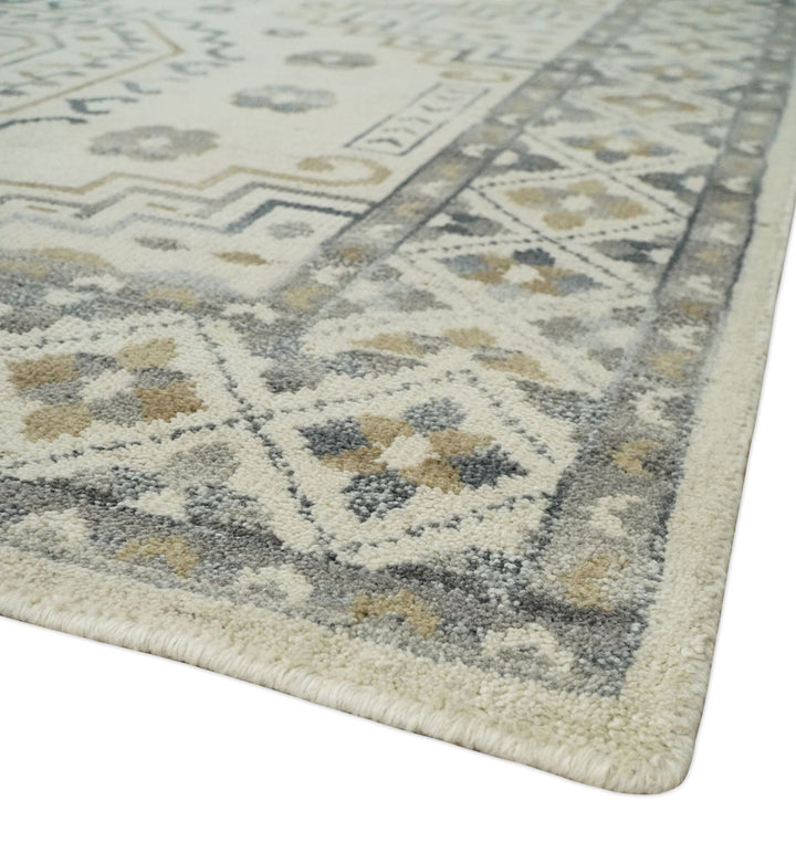 Hand Knotted Ivory, Gray and Beige Traditional Medallion Natural Wool Area Rug, Kids, Living Room and Bedroom Rug | MEHK7 - The Rug Decor