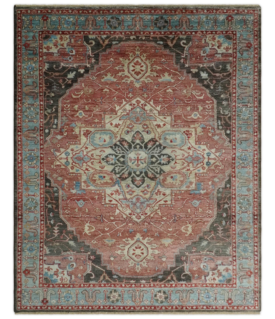 Hand Knotted Ivory, Rust and Blue Antique Persian Heriz Serapi Wool Rug, 5x8, 6x9, 8x10 and 9x12 Living Room Rug | TRD2557 - The Rug Decor
