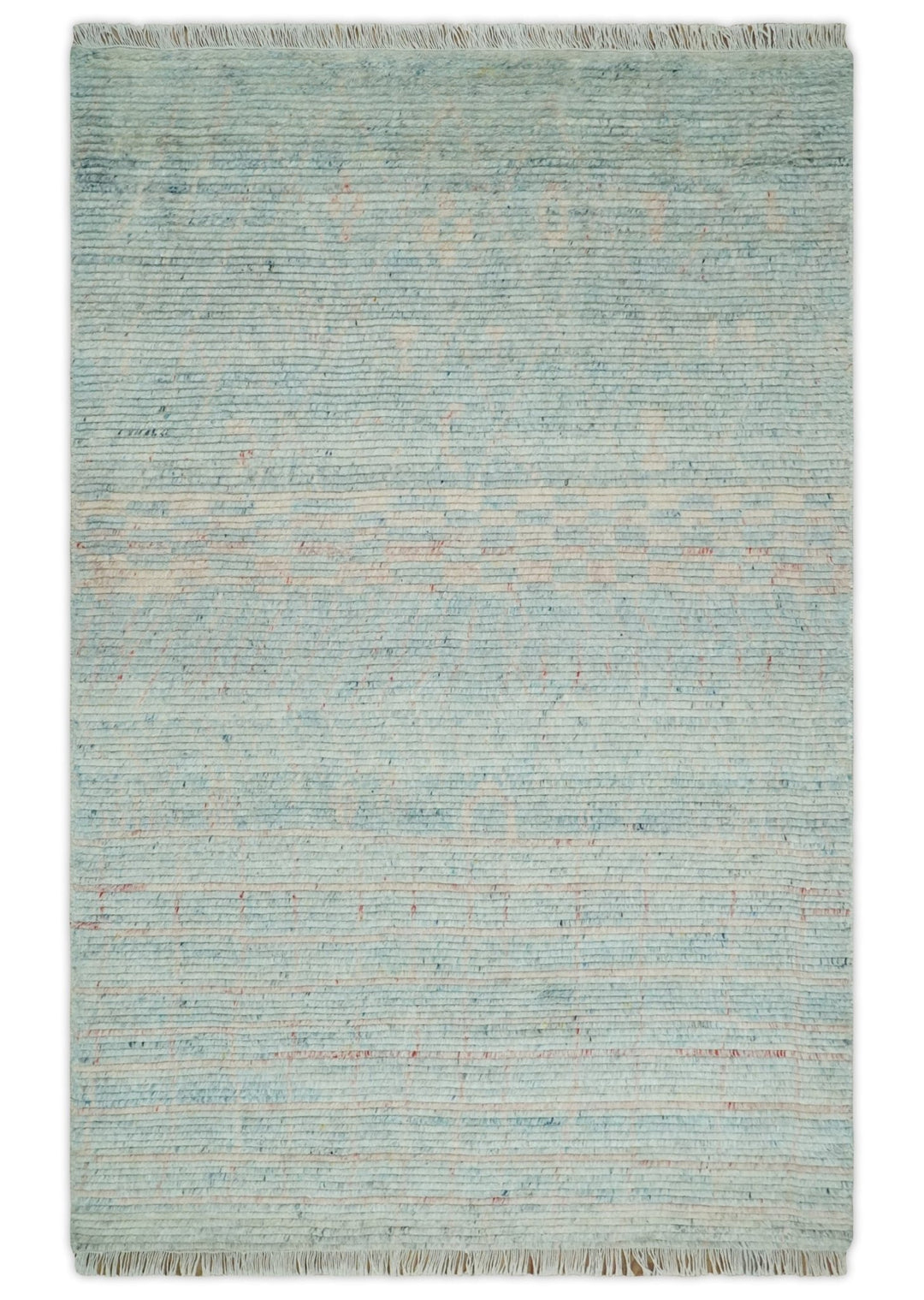 Hand Knotted Modern Abstract Blue and Peach Trellis Moroccan Rug Made with Blended Wool 5x8, 8x10 and 9x12 | UL35 - The Rug Decor