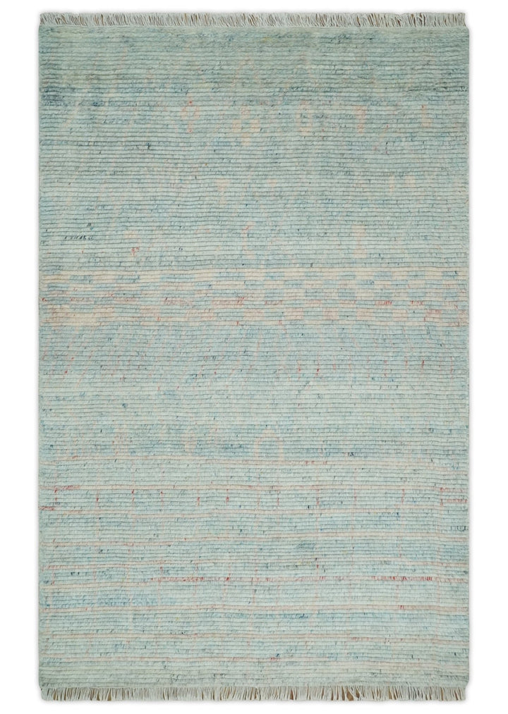 Hand Knotted Modern Abstract Blue and Peach Trellis Moroccan Rug Made with Blended Wool 5x8, 8x10 and 9x12 | UL35 - The Rug Decor