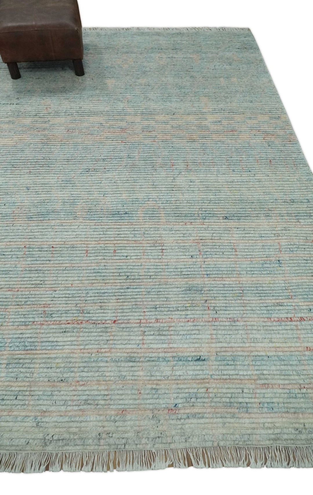 Hand Knotted Modern Abstract Blue and Peach Trellis Moroccan Rug Made with Blended Wool 5x8, 8x10 and 9x12 | UL35 - The Rug Decor