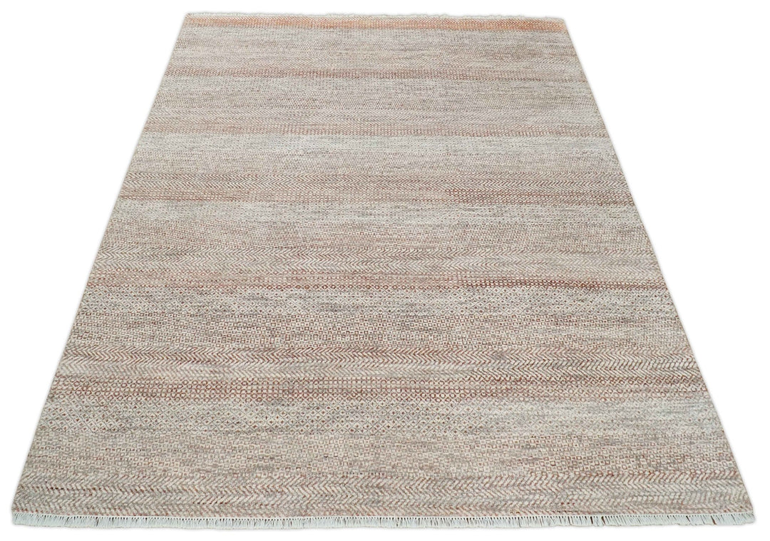 Hand Knotted Modern Geometric Trellis Scandinavian 8x10 Ivory, Rust and Gray Wool Area Rug | TRDCP933810 - The Rug Decor