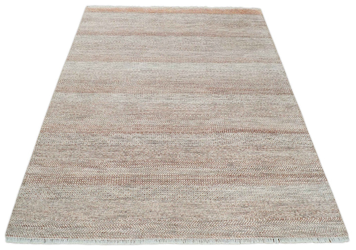 Hand Knotted Modern Geometric Trellis Scandinavian 8x10 Ivory, Rust and Gray Wool Area Rug | TRDCP933810 - The Rug Decor