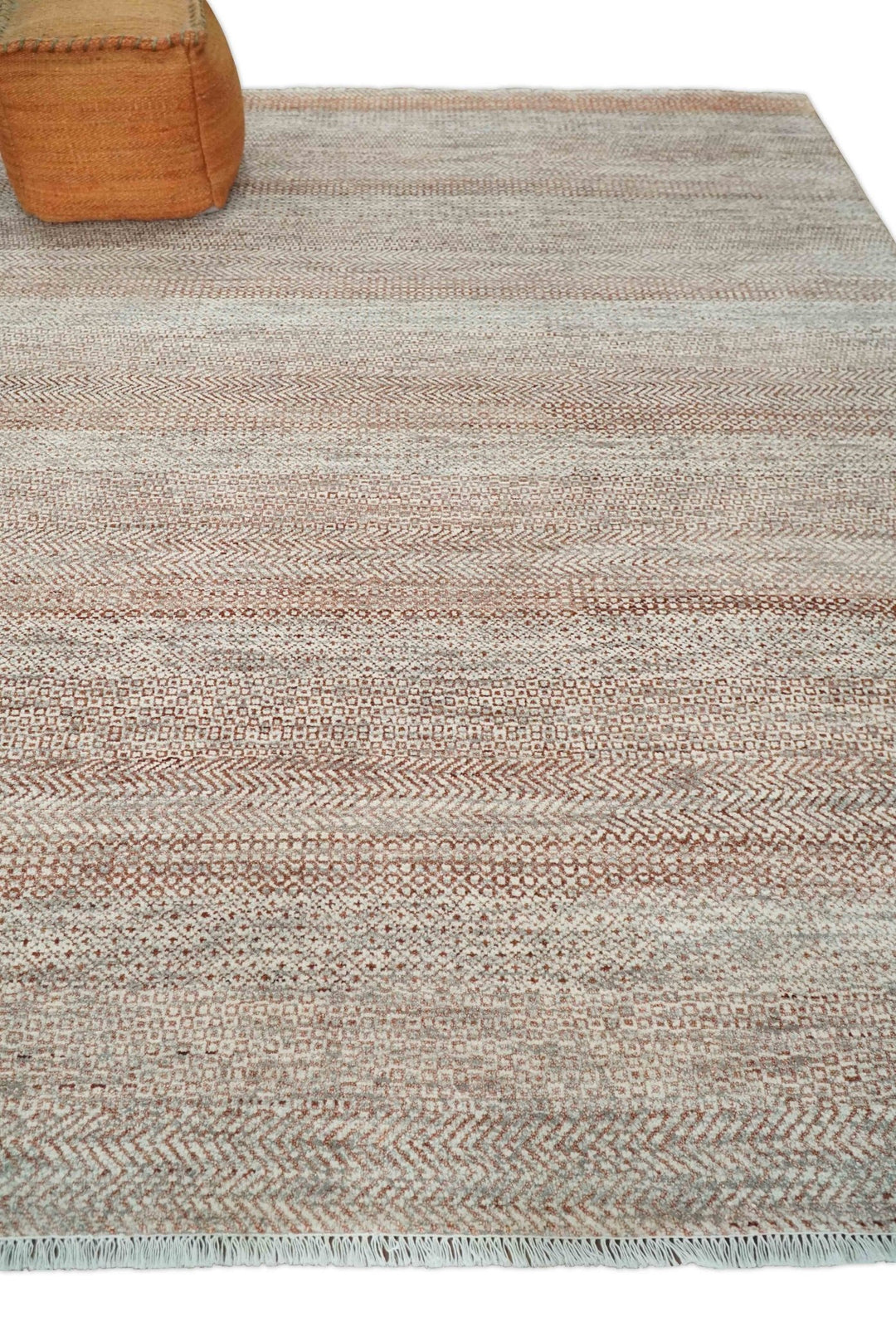 Hand Knotted Modern Geometric Trellis Scandinavian 8x10 Ivory, Rust and Gray Wool Area Rug | TRDCP933810 - The Rug Decor