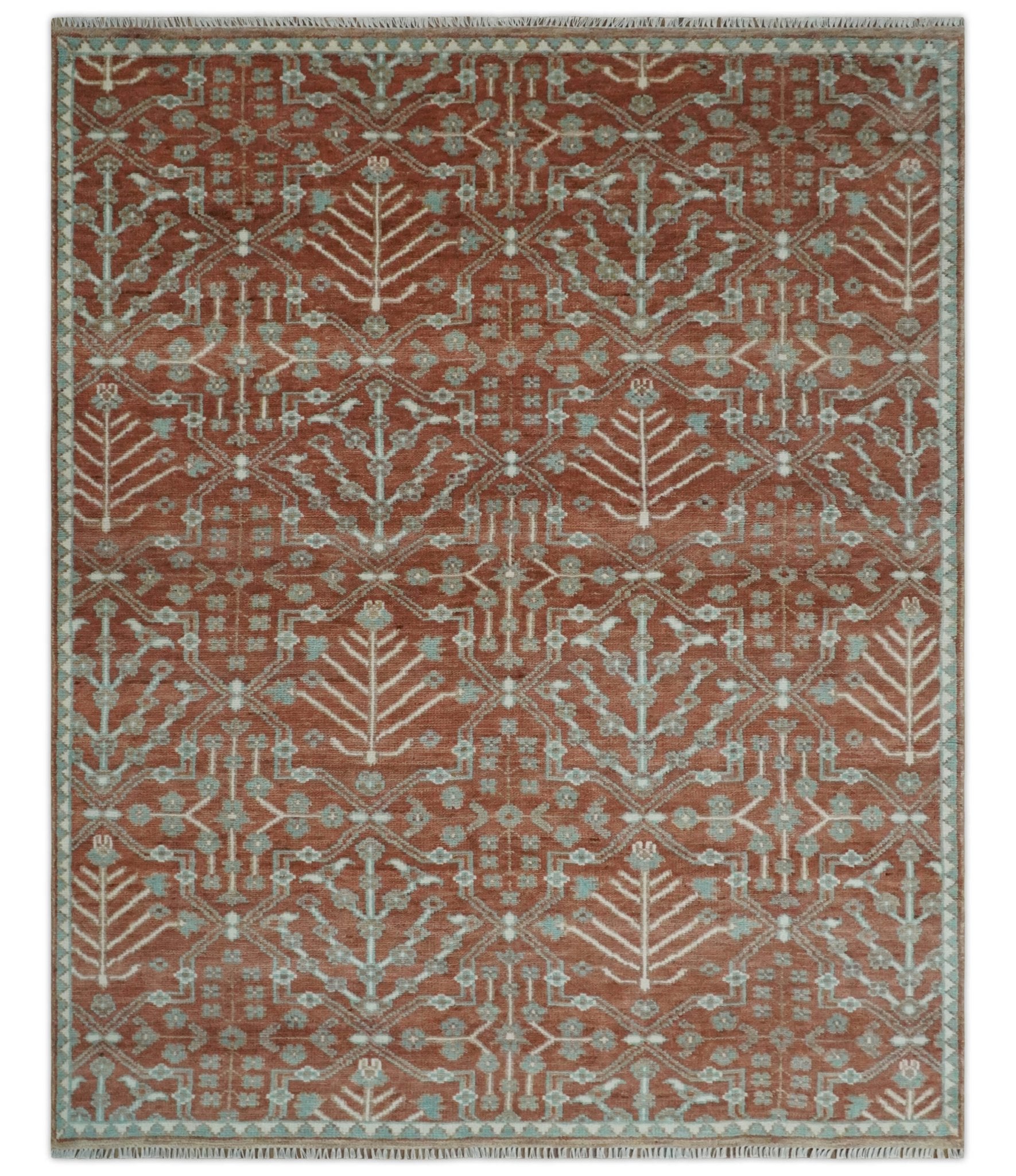 Hand knotted Multi Size Rust and Aqua Floral wool Area Rug