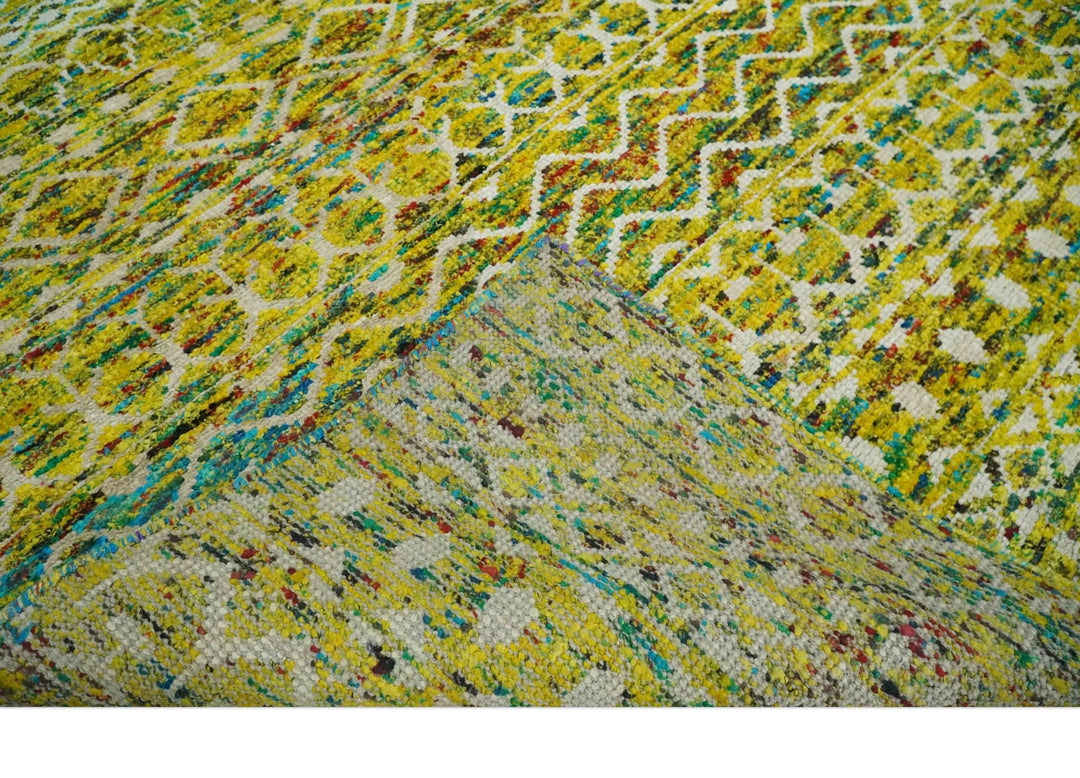 Hand Knotted Mustard, Aqua, Brown and Ivory 5.6x8.6 Modern Contemporary Southwestern Tribal Trellis Recycled Art Silk Area Rug - The Rug Decor
