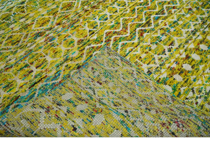 Hand Knotted Mustard, Aqua, Brown and Ivory 5.6x8.6 Modern Contemporary Southwestern Tribal Trellis Recycled Art Silk Area Rug - The Rug Decor