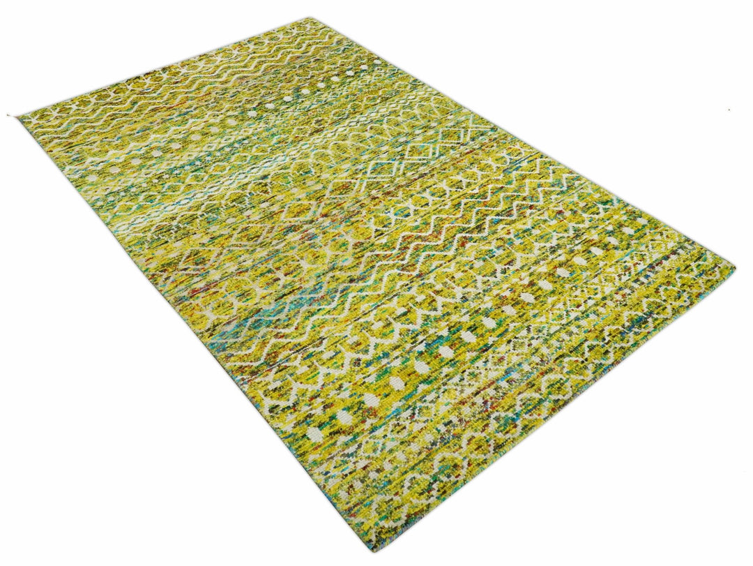 Hand Knotted Mustard, Aqua, Brown and Ivory 5.6x8.6 Modern Contemporary Southwestern Tribal Trellis Recycled Art Silk Area Rug - The Rug Decor