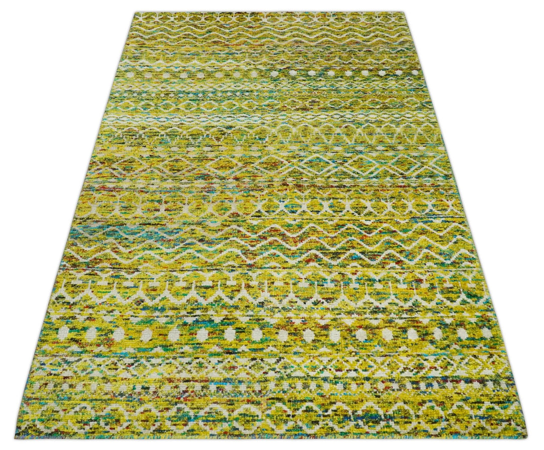 Hand Knotted Mustard, Aqua, Brown and Ivory 5.6x8.6 Modern Contemporary Southwestern Tribal Trellis Recycled Art Silk Area Rug - The Rug Decor