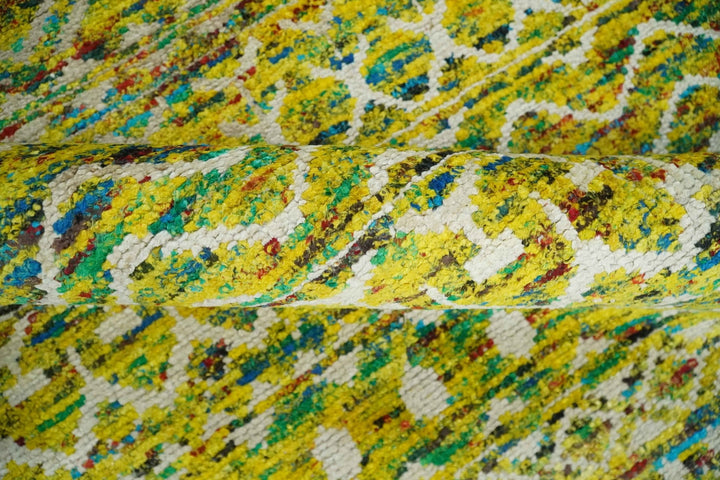 Hand Knotted Mustard, Aqua, Brown and Ivory 5.6x8.6 Modern Contemporary Southwestern Tribal Trellis Recycled Art Silk Area Rug - The Rug Decor