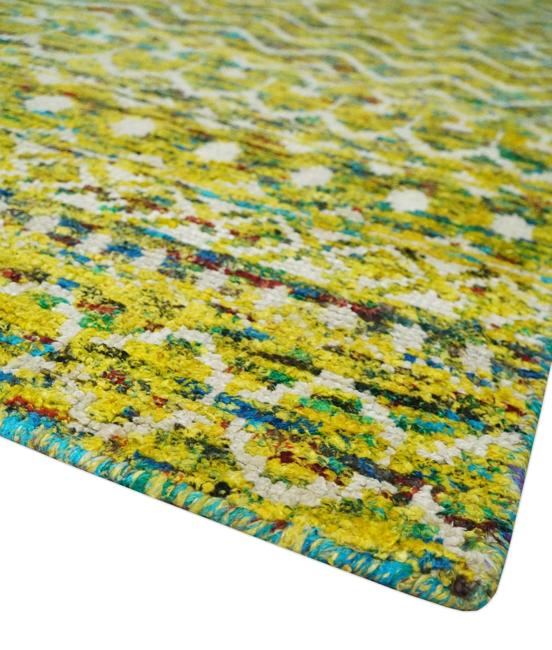 Hand Knotted Mustard, Aqua, Brown and Ivory 5.6x8.6 Modern Contemporary Southwestern Tribal Trellis Recycled Art Silk Area Rug - The Rug Decor