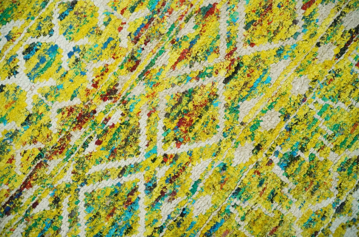 Hand Knotted Mustard, Aqua, Brown and Ivory 5.6x8.6 Modern Contemporary Southwestern Tribal Trellis Recycled Art Silk Area Rug - The Rug Decor