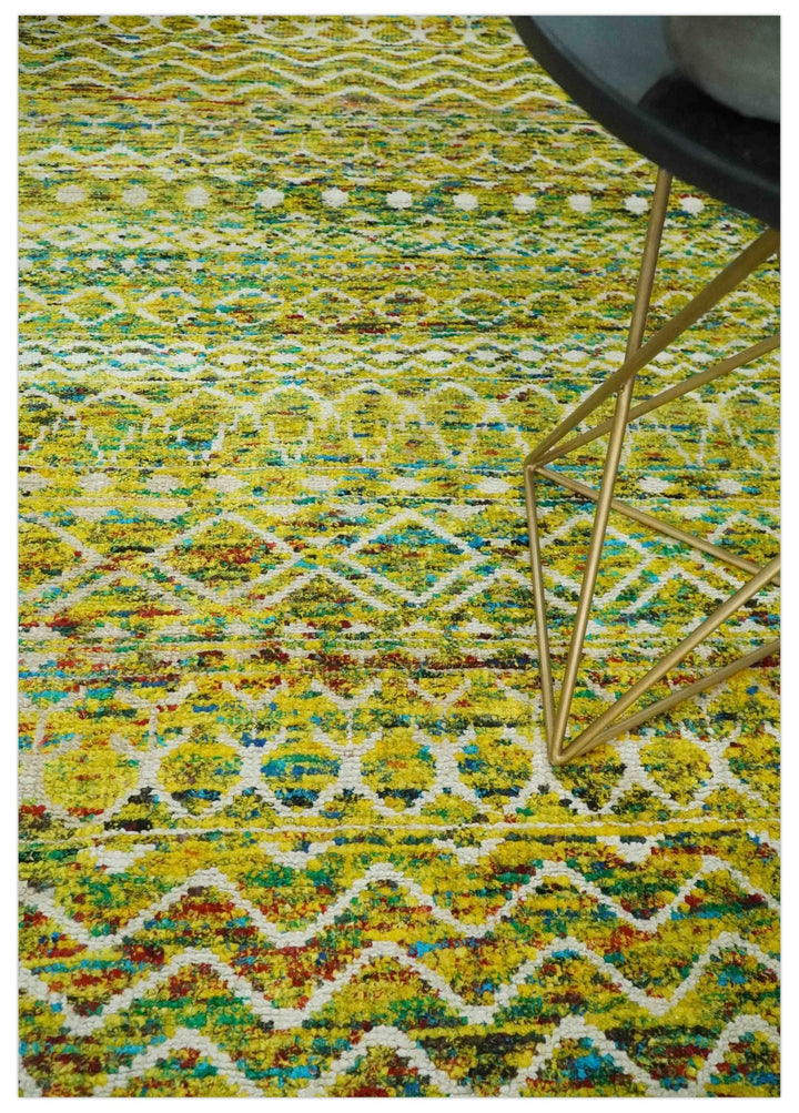 Hand Knotted Mustard, Aqua, Brown and Ivory 5.6x8.6 Modern Contemporary Southwestern Tribal Trellis Recycled Art Silk Area Rug - The Rug Decor
