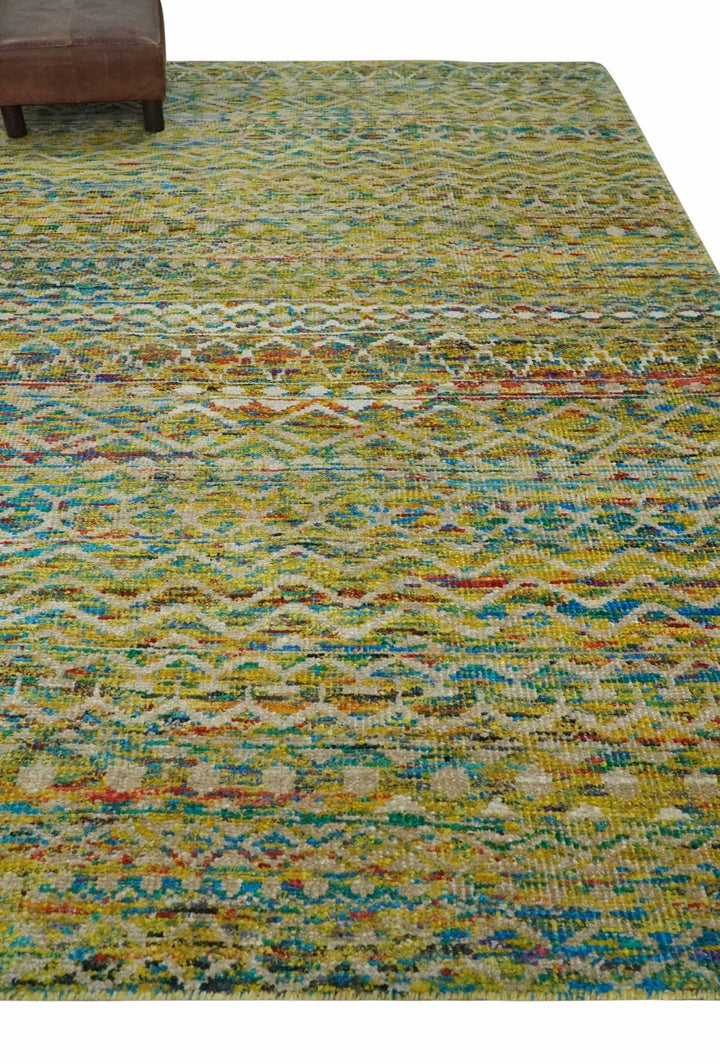 Hand Knotted Mustard, Aqua, Brown and Ivory 5.7x9 Modern Contemporary Southwestern Tribal Trellis Recycled Art Silk Area Rug - The Rug Decor