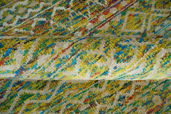 Hand Knotted Mustard, Aqua, Brown and Ivory 5.7x9 Modern Contemporary Southwestern Tribal Trellis Recycled Art Silk Area Rug - The Rug Decor