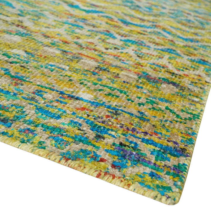 Hand Knotted Mustard, Aqua, Brown and Ivory 5.7x9 Modern Contemporary Southwestern Tribal Trellis Recycled Art Silk Area Rug - The Rug Decor