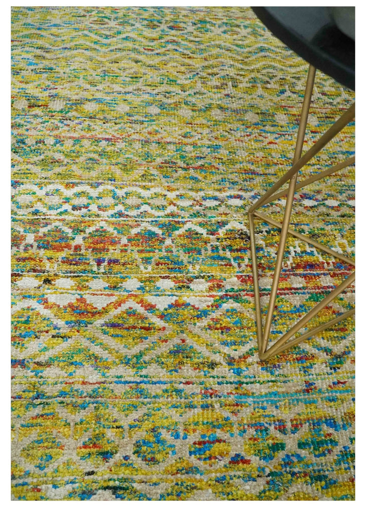 Hand Knotted Mustard, Aqua, Brown and Ivory 5.7x9 Modern Contemporary Southwestern Tribal Trellis Recycled Art Silk Area Rug - The Rug Decor