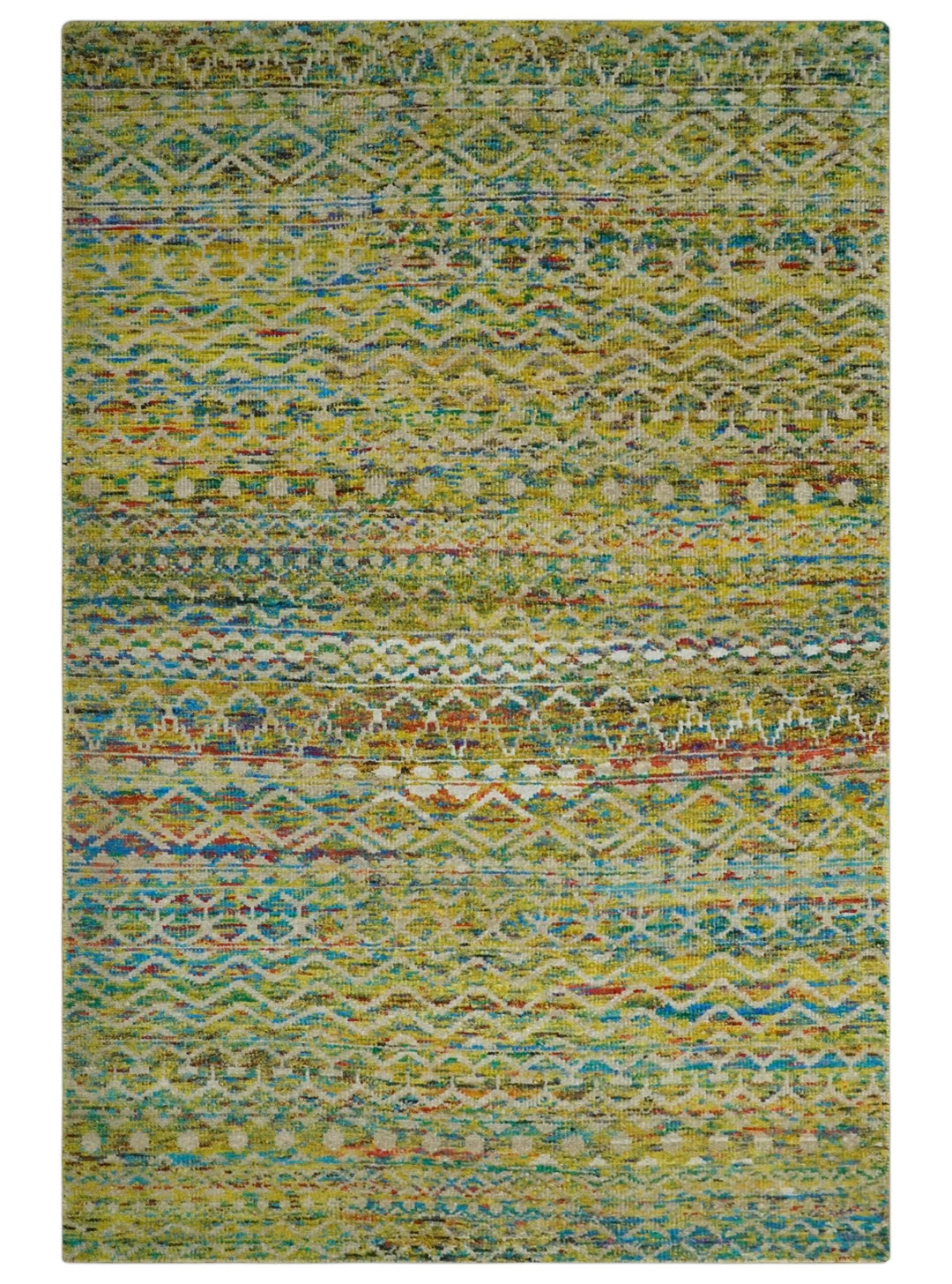 Hand Knotted Mustard, Aqua, Brown and Ivory 5.7x9 Modern Contemporary Southwestern Tribal Trellis Recycled Art Silk Area Rug - The Rug Decor