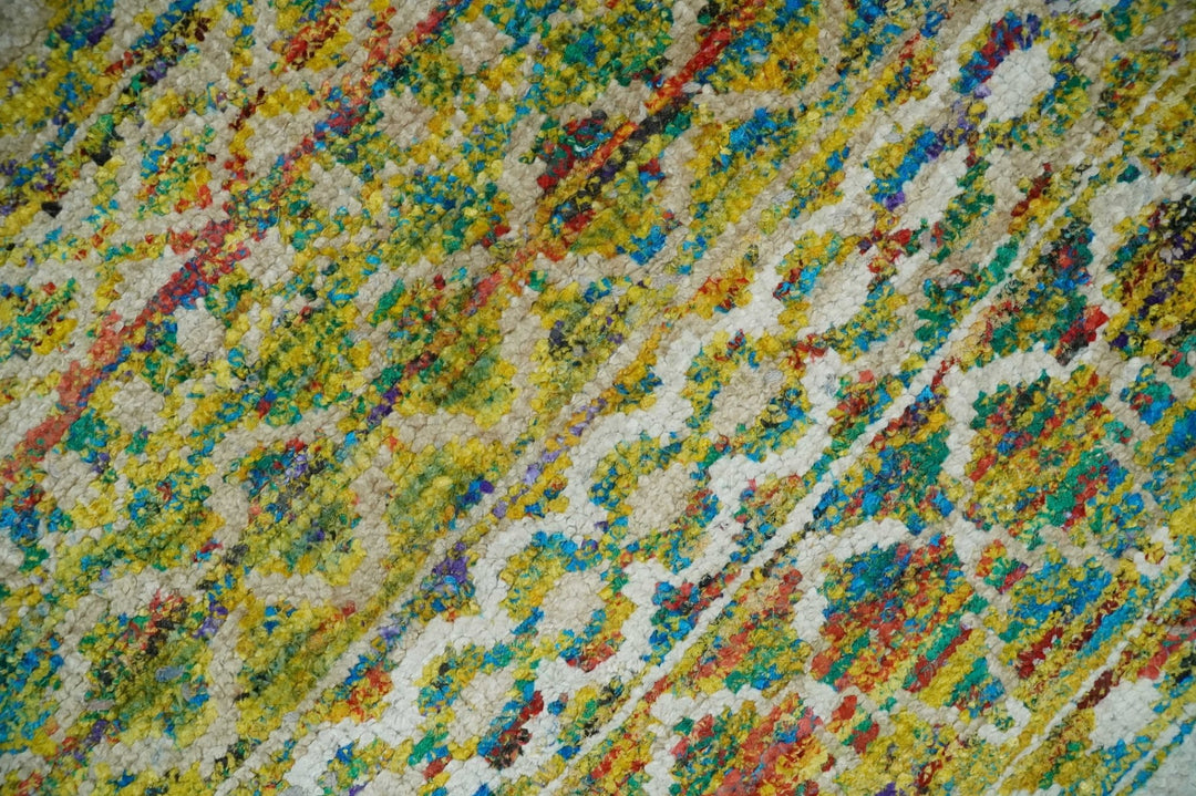 Hand Knotted Mustard, Aqua, Brown and Ivory 5.7x9 Modern Contemporary Southwestern Tribal Trellis Recycled Art Silk Area Rug - The Rug Decor