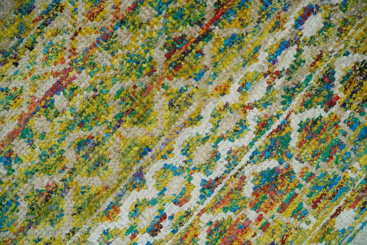 Hand Knotted Mustard, Aqua, Brown and Ivory 5.7x9 Modern Contemporary Southwestern Tribal Trellis Recycled Art Silk Area Rug - The Rug Decor
