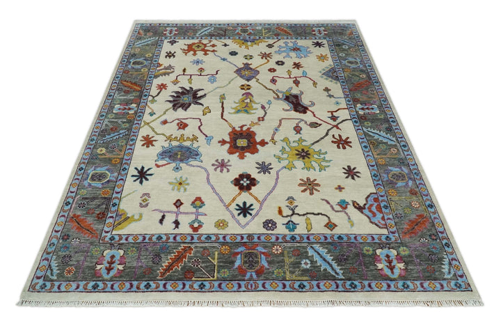 Hand Knotted Oushak 5x8, 6x9, 8x10, 9x12, 10x14 and 12x15 Ivory, Gray and Blue Traditional Persian Oushak Wool Rug | TRDCP915912 - The Rug Decor