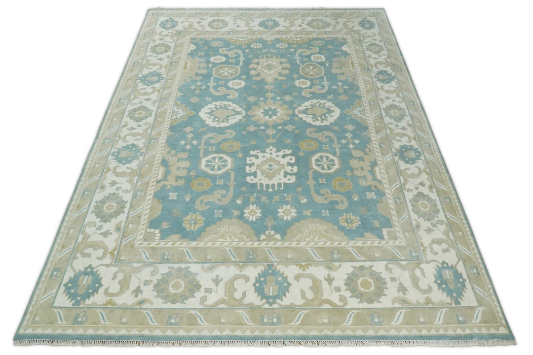 Hand Knotted Persian Oushak 10x14 Blue and Beige Large Wool Area Rug | TRDCP73B1014 - The Rug Decor