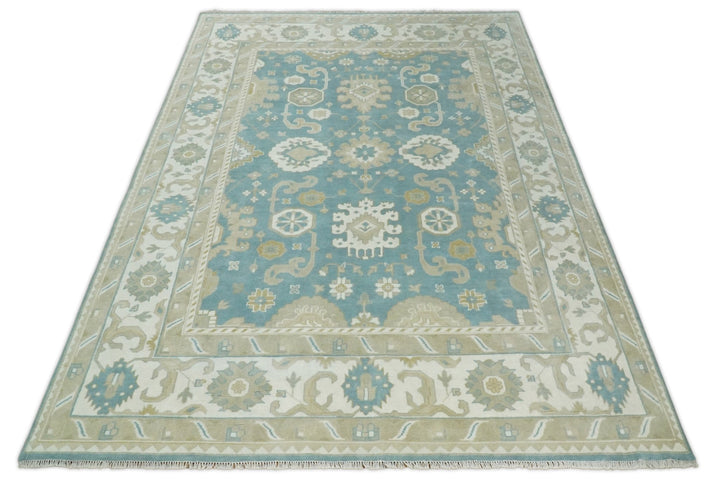 Hand Knotted Persian Oushak 10x14 Blue and Beige Large Wool Area Rug | TRDCP73B1014 - The Rug Decor