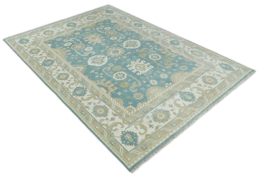 Hand Knotted Persian Oushak 10x14 Blue and Beige Large Wool Area Rug | TRDCP73B1014 - The Rug Decor