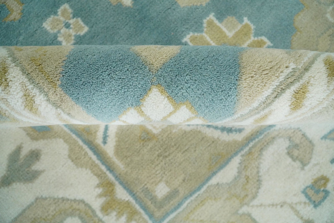 Hand Knotted Persian Oushak 10x14 Blue and Beige Large Wool Area Rug | TRDCP73B1014 - The Rug Decor