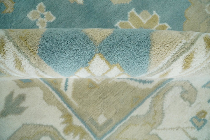 Hand Knotted Persian Oushak 10x14 Blue and Beige Large Wool Area Rug | TRDCP73B1014 - The Rug Decor