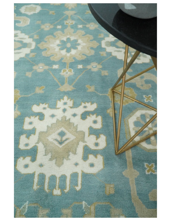 Hand Knotted Persian Oushak 10x14 Blue and Beige Large Wool Area Rug | TRDCP73B1014 - The Rug Decor