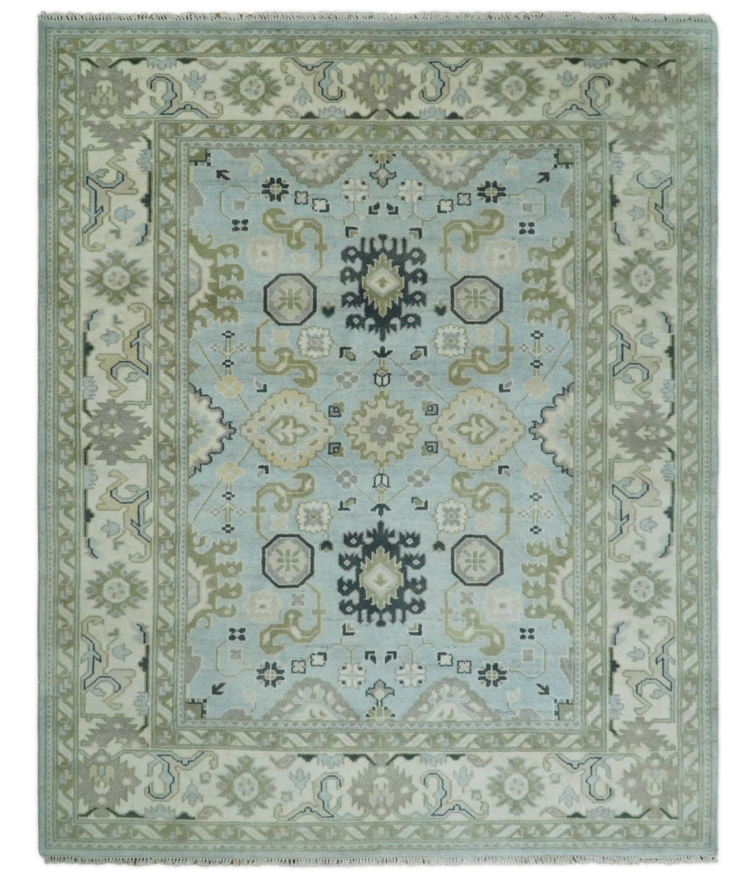 Hand Knotted Persian Oushak 8x10 Blue and Beige Antique Large Wool Area Rug | TRDCP236810 - The Rug Decor