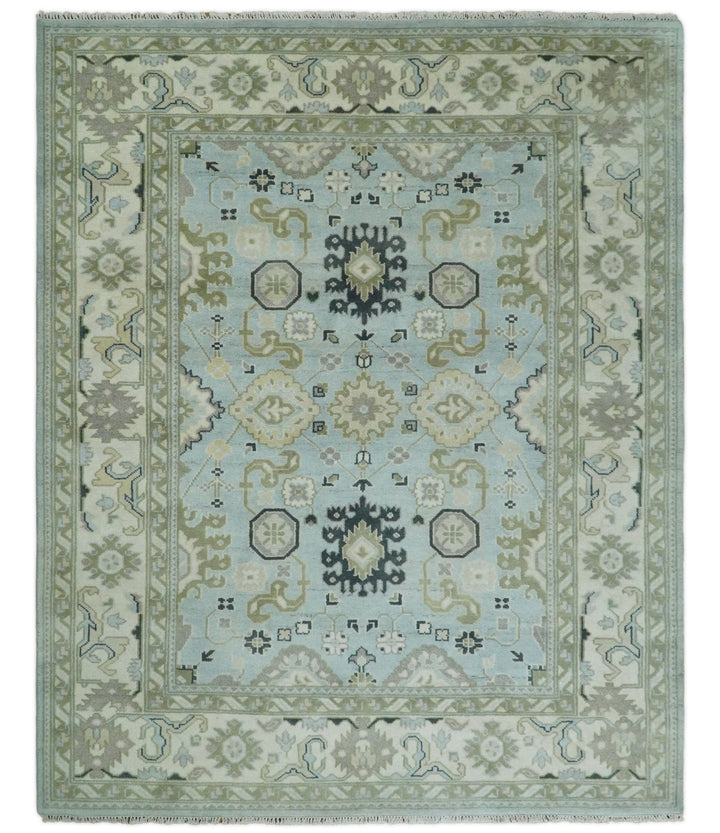Hand Knotted Persian Oushak 8x10 Blue and Beige Antique Large Wool Area Rug | TRDCP236810 - The Rug Decor