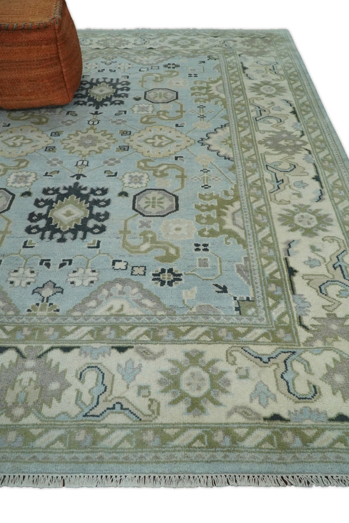 Hand Knotted Persian Oushak 8x10 Blue and Beige Antique Large Wool Area Rug | TRDCP236810 - The Rug Decor