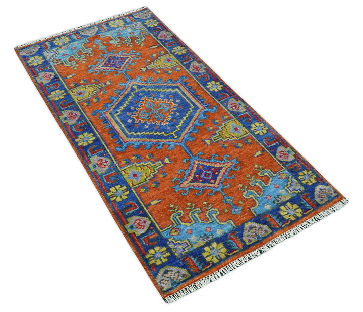 Hand Knotted Rust, Blue and Olive Traditional 3x6 Antique Wool Area Rug - The Rug Decor