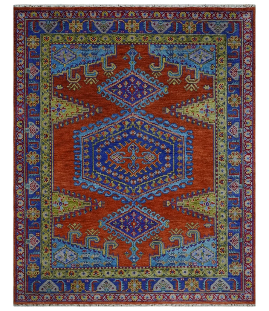 Hand Knotted Rust, Blue and Olive Traditional 8x10 Antique Style Wool Area Rug - The Rug Decor