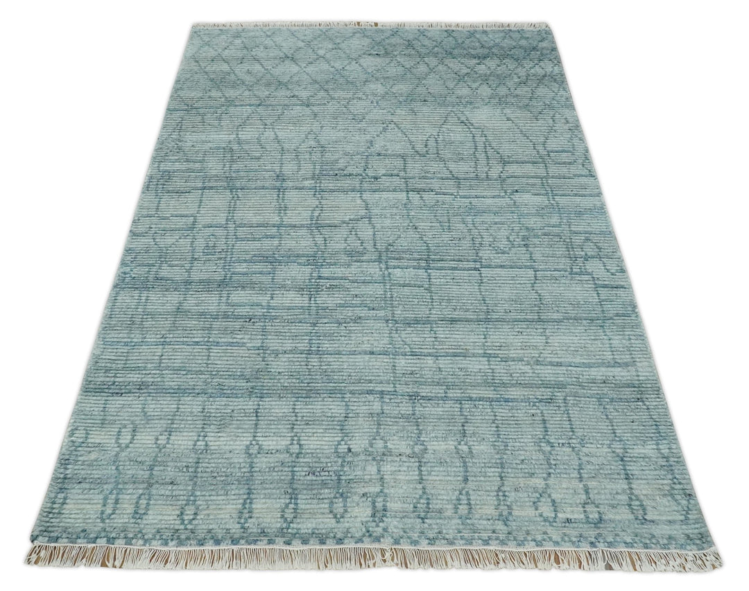 Hand Knotted Silver and Blue Modern Trellis Moroccan Rug Made with Blended Wool 5x8, 8x10 and 9x12 | UL43 - The Rug Decor