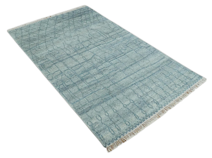 Hand Knotted Silver and Blue Modern Trellis Moroccan Rug Made with Blended Wool 5x8, 8x10 and 9x12 | UL43 - The Rug Decor
