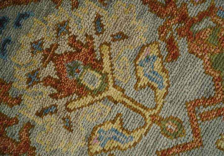 Hand knotted Silver, Rust and Pink Traditional Antique Moss Oushak Area Rug - The Rug Decor