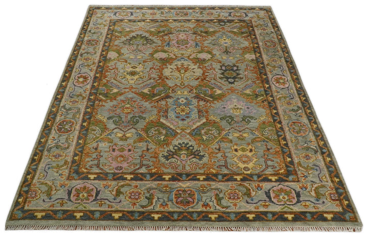 Hand knotted Silver, Rust and Pink Traditional Antique Moss Oushak Area Rug - The Rug Decor