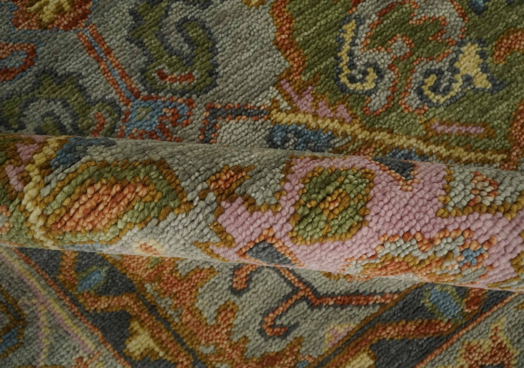 Hand knotted Silver, Rust and Pink Traditional Antique Moss Oushak Area Rug - The Rug Decor