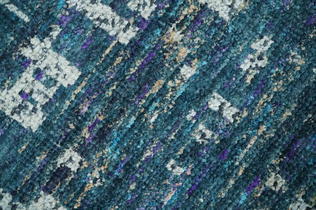 Hand Knotted Teal and Ivory Modern Abstract Contemporary Recycled Silk Area Rug - The Rug Decor