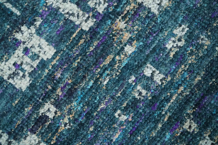 Hand Knotted Teal and Ivory Modern Abstract Contemporary Recycled Silk Area Rug - The Rug Decor