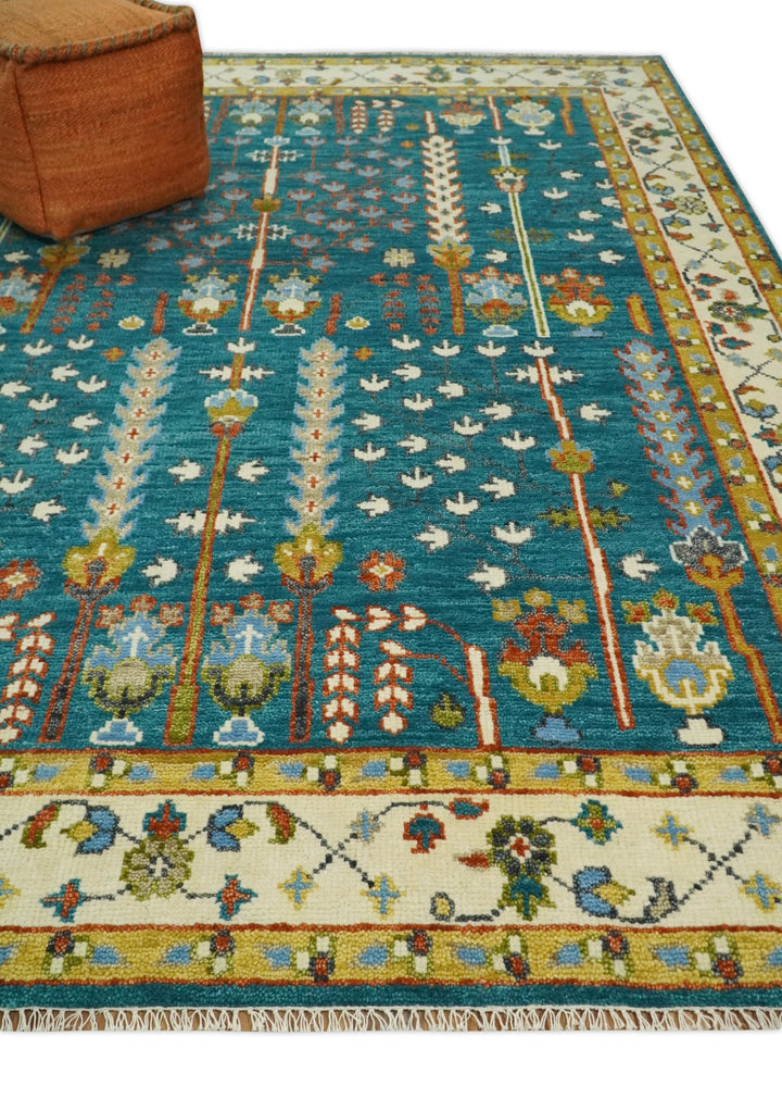 Hand Knotted Teal Blue and Ivory Tree of Life Traditional Vintage Style Wool Rug - The Rug Decor