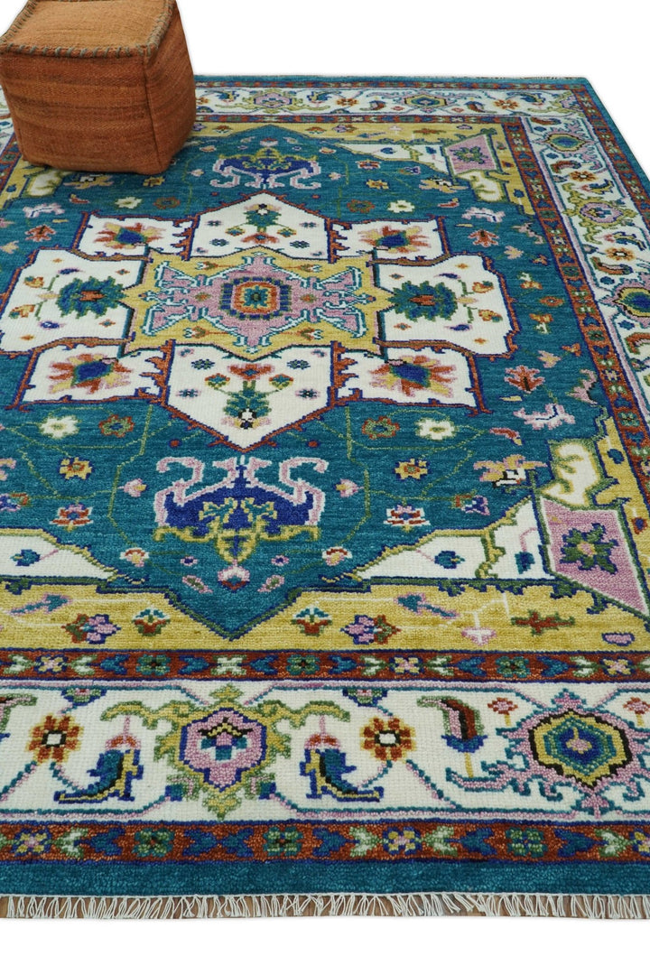 Hand Knotted White, Gold and Blue Multi Sizes Vibrant Colorful Heriz Medallion Area Rug - The Rug Decor