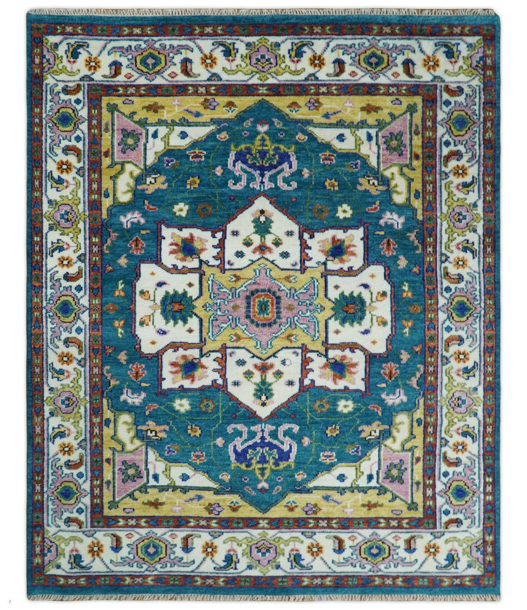 Hand Knotted White, Gold and Blue Multi Sizes Vibrant Colorful Heriz Medallion Area Rug - The Rug Decor