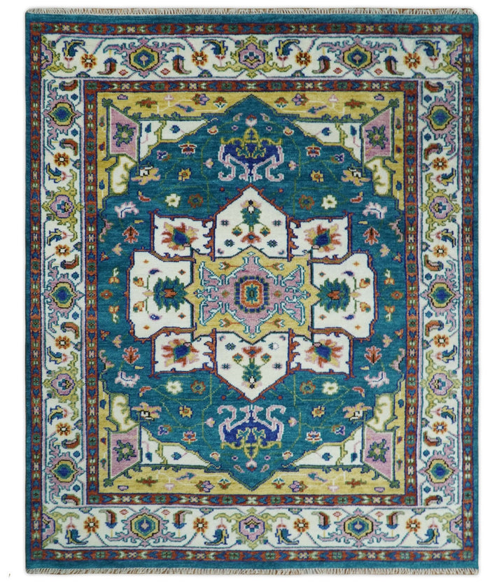 Hand Knotted White, Gold and Blue Multi Sizes Vibrant Colorful Heriz Medallion Area Rug - The Rug Decor