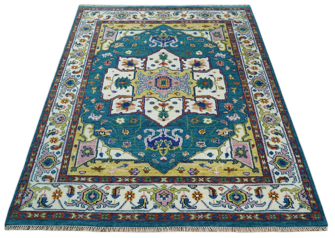Hand Knotted White, Gold and Blue Multi Sizes Vibrant Colorful Heriz Medallion Area Rug - The Rug Decor